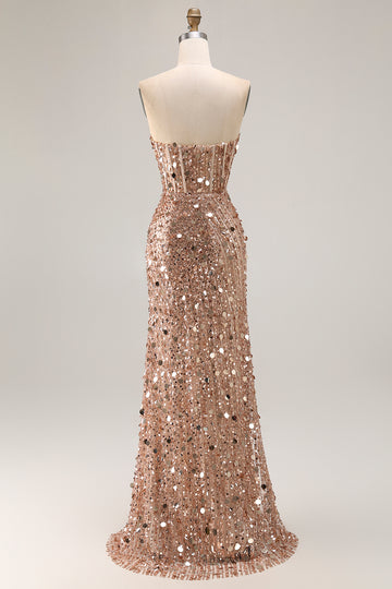 Sparkly Champagne Strapless Sheath Long Prom Dress With Slit